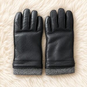 Fownes Brothers Mens Black Leather Gloves Wool Cuff Faux Fur Lined Winter Large